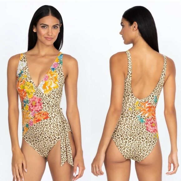 Nwt johnny was blue stripe leopard floral wrap one piece swimsuit - Picture 1 of 6